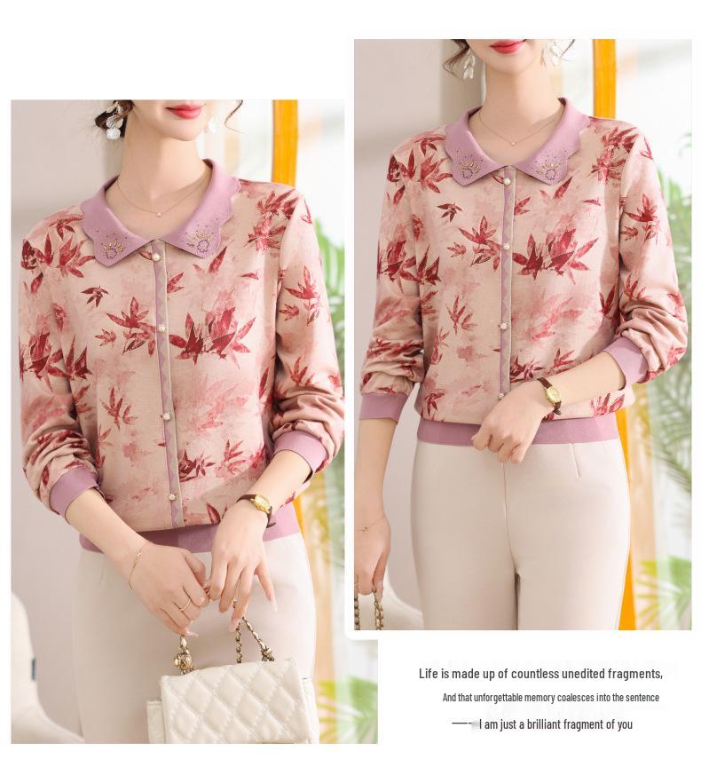 Elegant Floral Long-Sleeve T-Shirt for Middle-Aged & Elderly Women - New Chinese Style Top