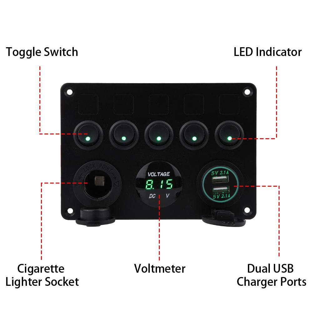 12-24V 5 Gang OnCelsiusOff Toggle   Panel Dual USB Voltmeter for Car Boat Marine Truck Green LED
