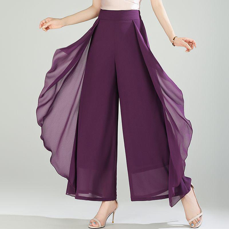 Pantaloni-Gonna Estivi in Chiffon a Vita Alta da Donna - Larghi, a Gamba Larga, Capo d'Abbigliamento Casual