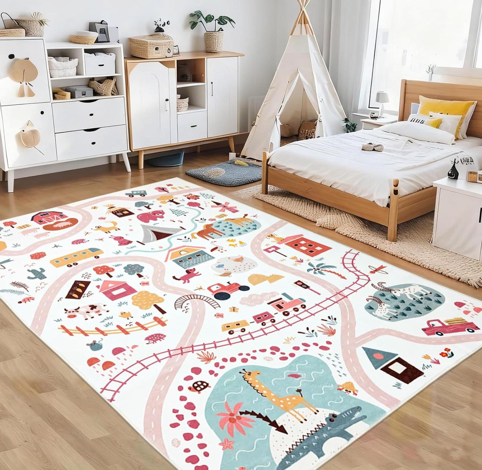 

Kids Play Rug with Farm Animal and Road Map Educational Traffic Playmat for Bedroom Playroom Living Room Non Slip Floor Carpet 40X60cm