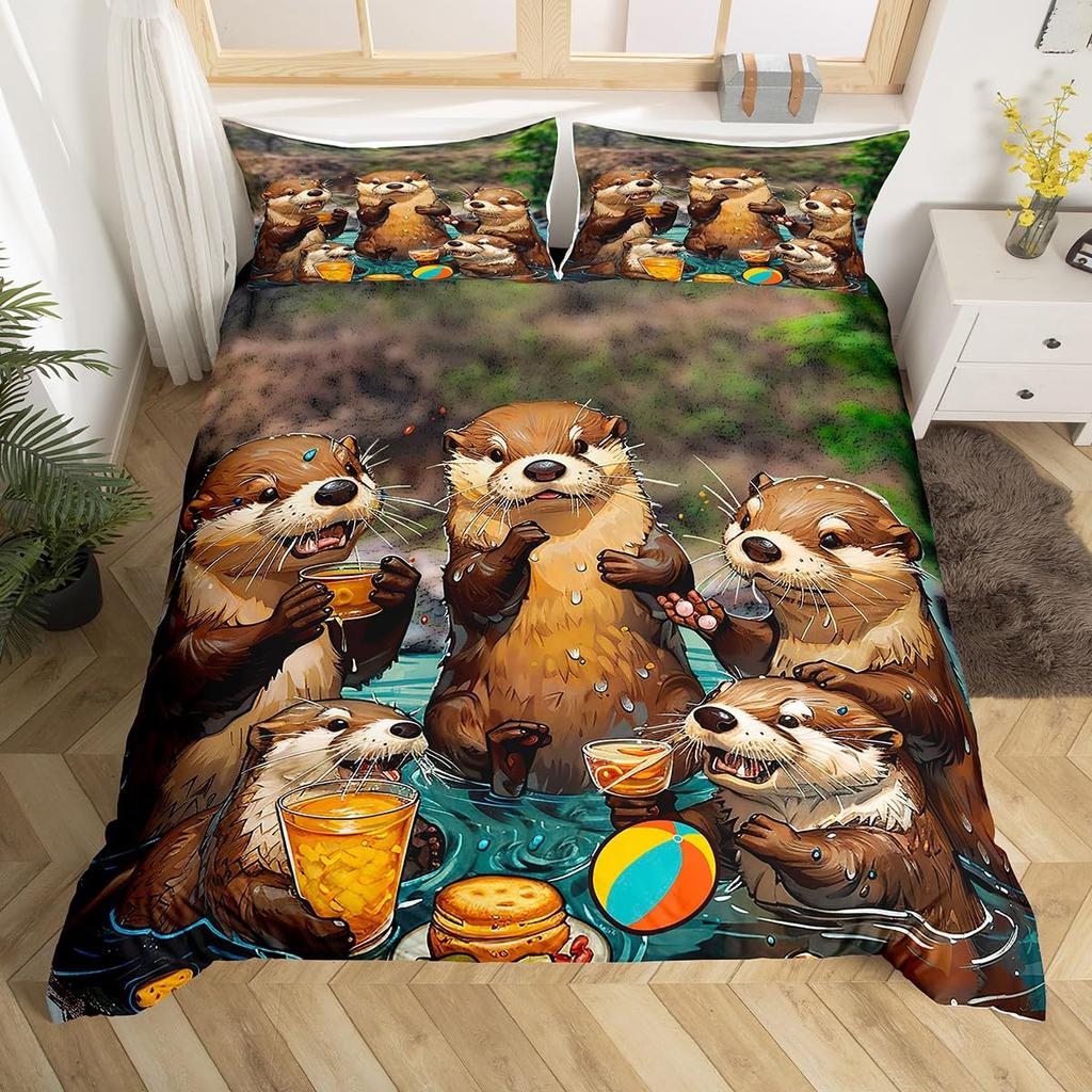 Sea Otter Duvet Cover Set Ocean Creature Otter Toddler Soft Polyester Bedding Set Cute Cartoon Animal Print Comforter Cover Sets