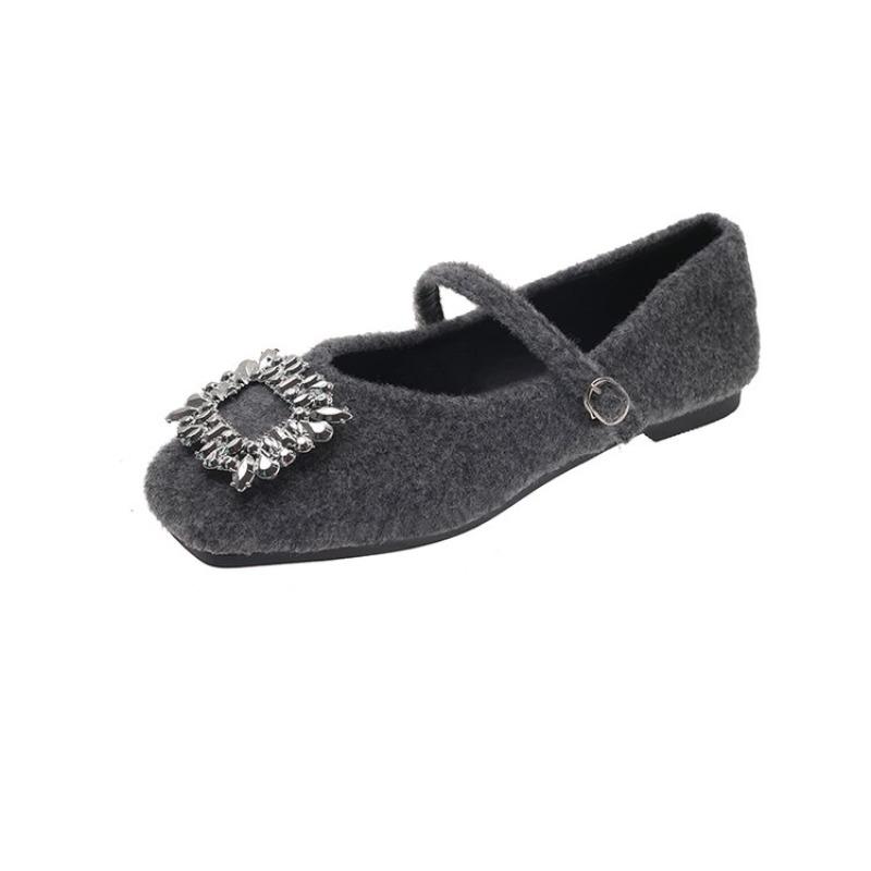 

French Rhinestone Square Buckle Single Shoes for Women 2026 Autumn and Winter New Cotton Shoes Wedge 35 серый