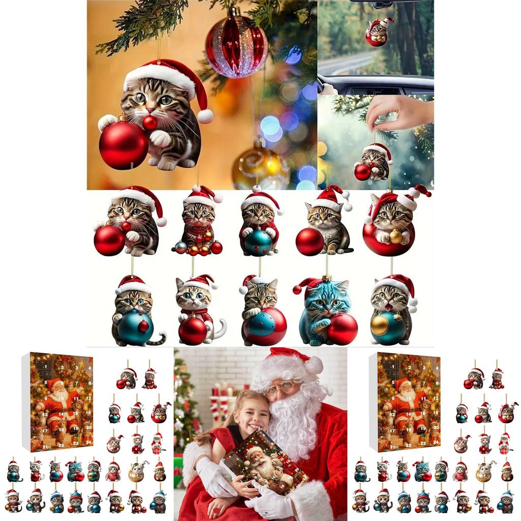 Christmas Countdown Calendar With Cute Cat Acrylic Hanging Ornaments For Holiday Decor