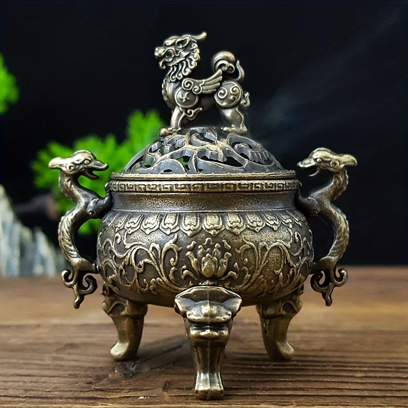 1 Stück Mini Drachen Qilin Dreibeiniger Räuchergefäß, Exquisite Doppeldrachenschnitzerei mit Qilin-Deckel oben (Ohne Weihrauch)