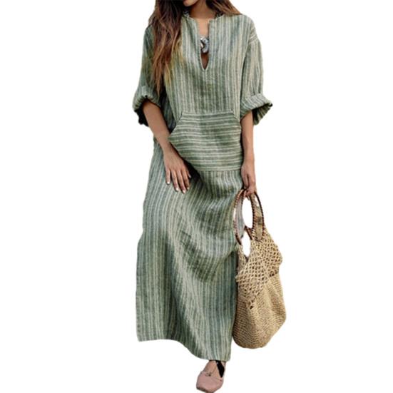 Damen Sommer Boho Gestreiftes Baumwoll-Leinenkleid Lässig Kurzarm Strand Maxikleid mit Vordertasche