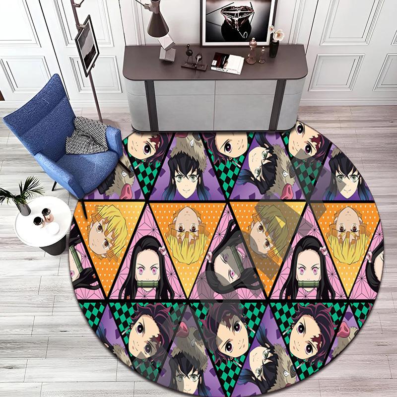 Classic Japanese-style Cartoon Demon Slayer Round Rug, Home Soft Decorative Anti-slip Yoga Mat and Chair Mat, Outdoor Floor Mat Carpet K24