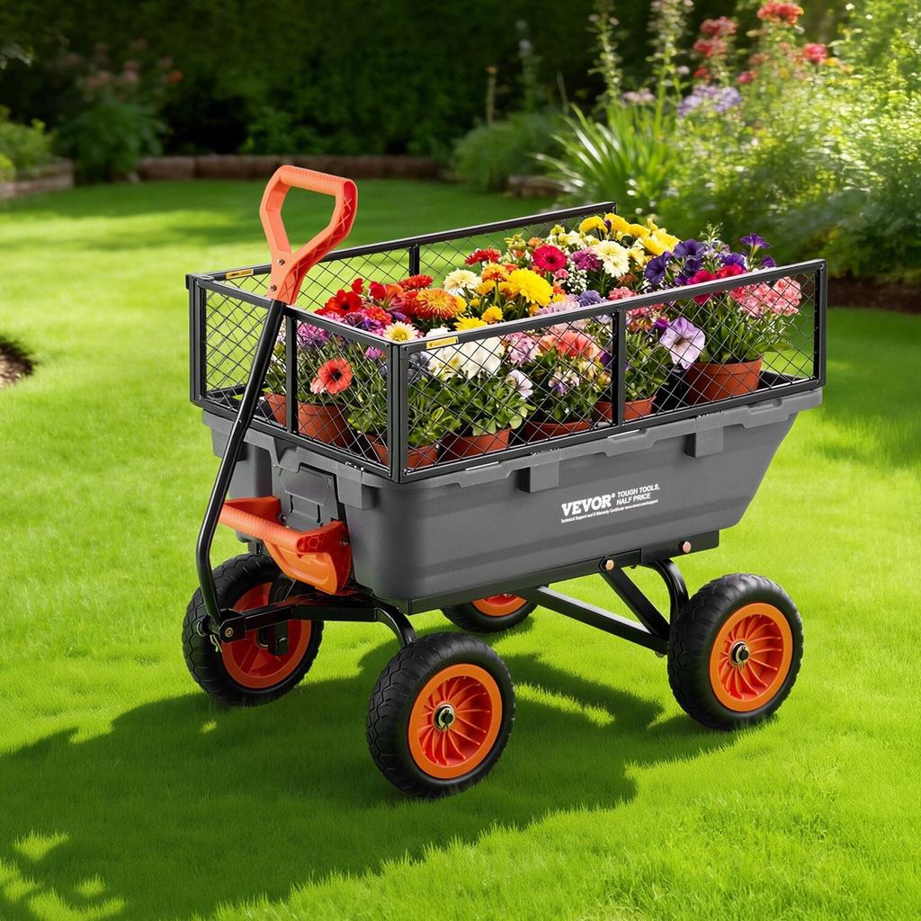 Garden Dump Cart, 362 kg Poly Dump Cart, Garden Carts Dumps Wagon with Storage Fence, 90° Quick-Dumps Mechanism, 180° Swivel Wheels, 90° Rotating