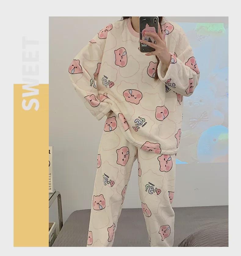 Cozy Coral Fleece Cartoon Pajama Set for Women – Perfect for Autumn and Winter