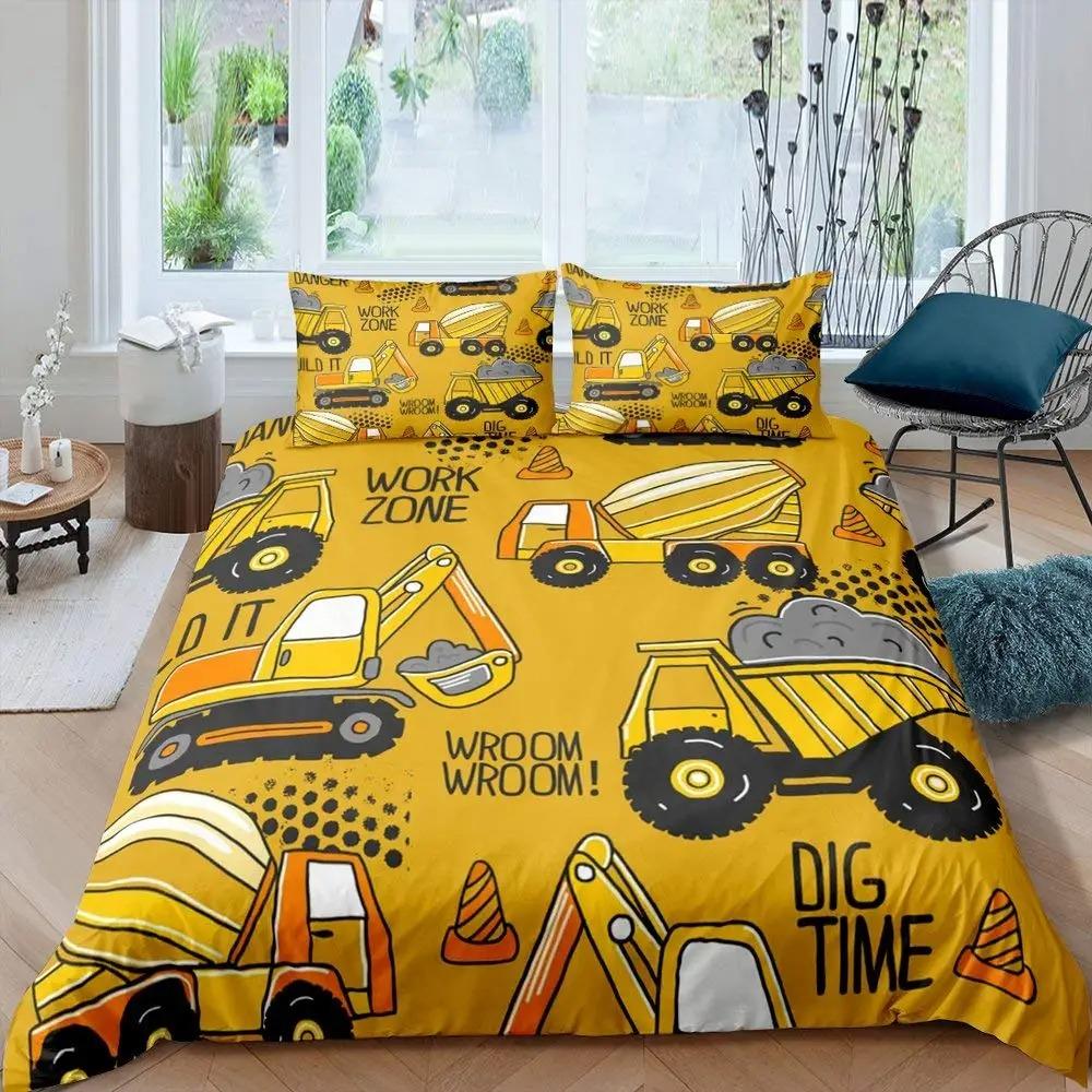 Excavator King Queen Duvet Cover Cartoon Construction Truck Bedding Set for Kids Boys Girls Tractor 2/3pcs Polyester Quilt Cover
