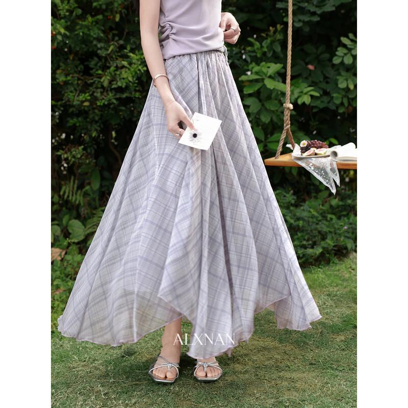 Women s Purple Plaid A-line Long Skirt L