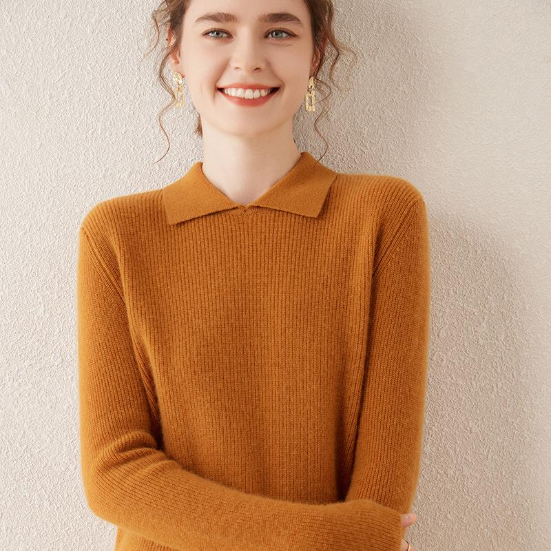 Women's Slimming Versatile Cashmere Polo Neck Pullover with Slit Lapel and Long Sleeves