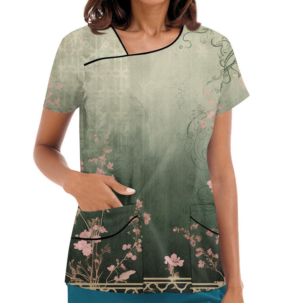 Damen Bedruckte Arbeitskleidung, Schräger Kragen und Doppellagige Taschen, Basic Oberteil Pullover