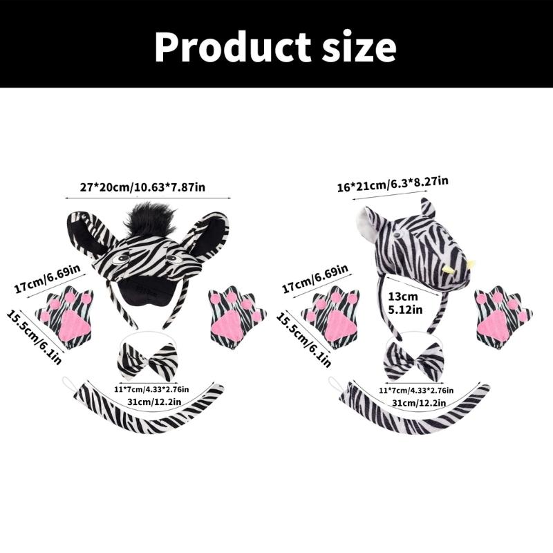 1/3/4Pcs Zebras Costume Set Zebras Ears Headband Tail Bowtie Gloves for Halloween Dress Up Animals Cosplay Costumes