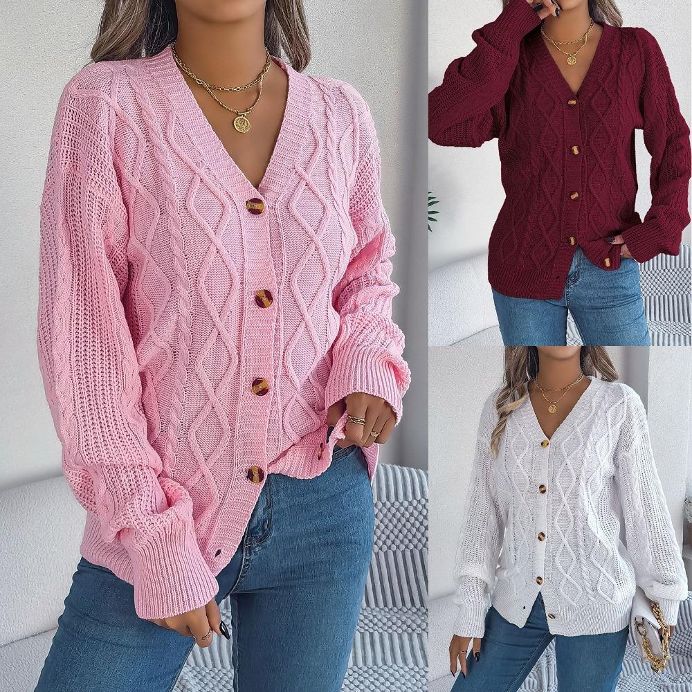New Autumn/Winter Ladies' Sweatshirt Collection: Oversized Top, Casual V-Neck, Bell Sleeves, Cable-Knit Button-Front Cardigan