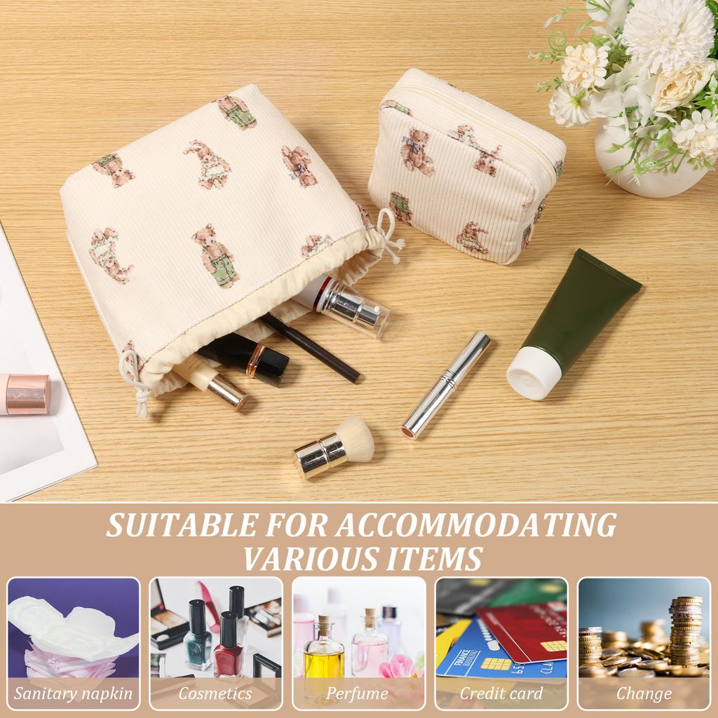 2 Pcs Cute Aesthetic Makeup Bag Set Soft Corduroy Cosmetic Bag Set with Canvas Lining Portable Travel Toiletry Bag Set for Women