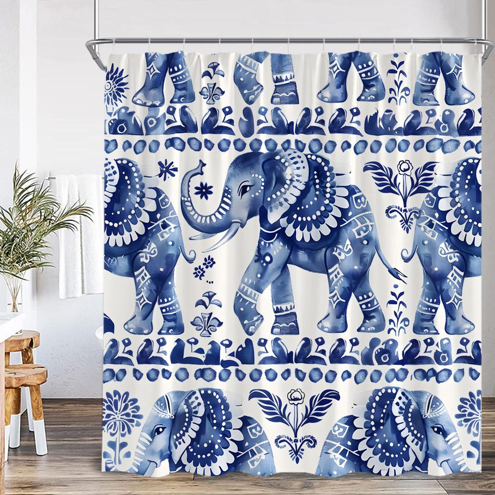 Elephant Boho Shower Curtain Mandala Colorful Flower Doodle Wild Animal Art Bathroom Decior Ethnic Indian Bath Curtain with Hook