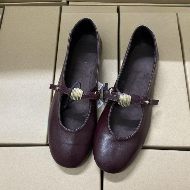 Retro Style Round Toe Women Mary Jane Shoes Metal Buckle Strap Comfortable Soft Bottom Burgundy Leather Daily Female Flats
