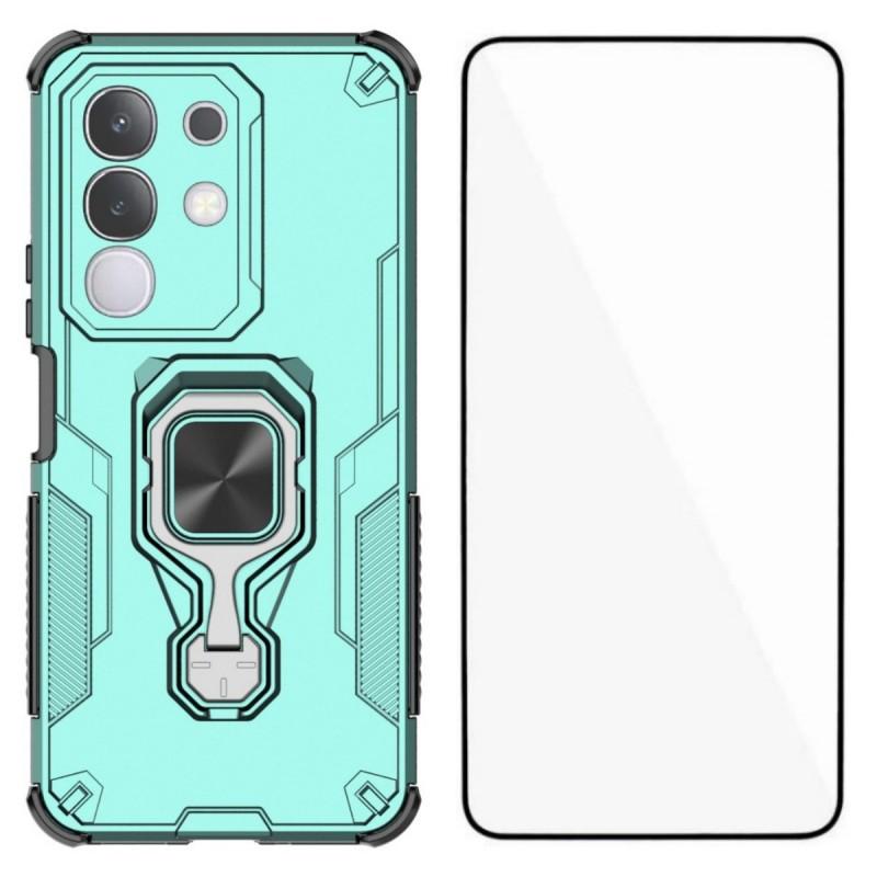 

For vivo Y29 4G Phone Case WANLONFENG PC TPU Back Cover Kickstand with Tempered Glass Green