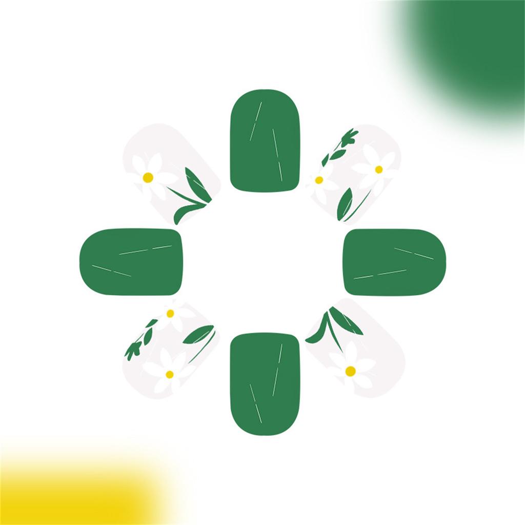 24 Pcs Flowers False Nail Light Green Artificial Nail Glossy Full Cover Stick on Nail Short Square Press On Nail