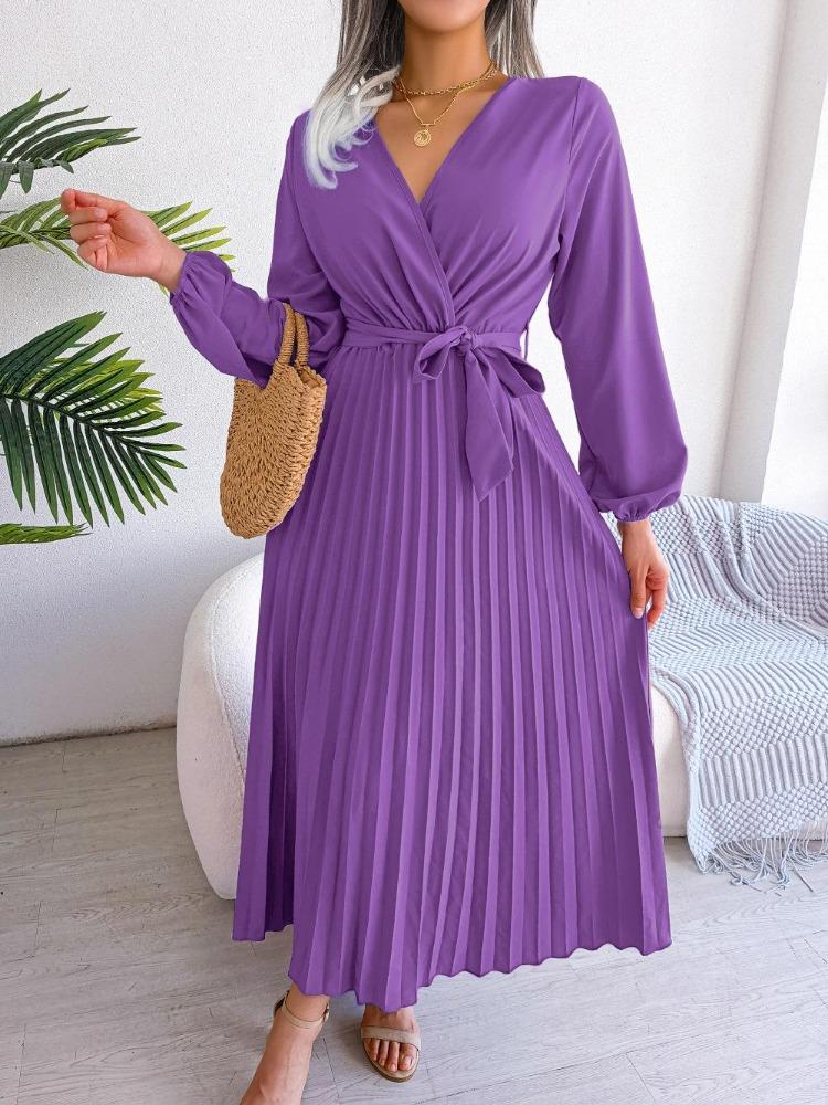 Elegant Women Pleated Maxi Dress Long Sleeve V Neck