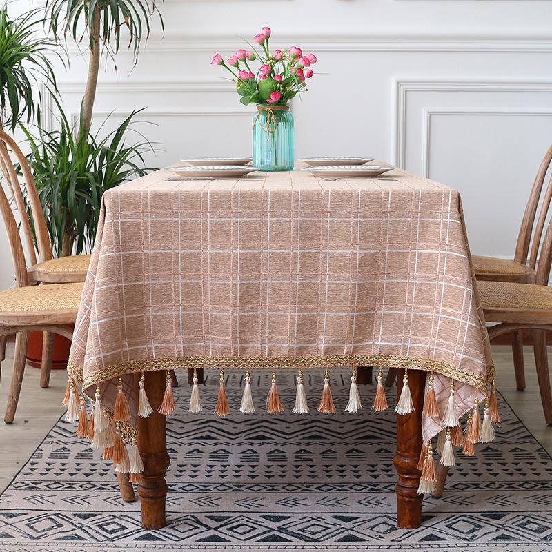 Cotton Geometric Plaid Jacquard Fabric Tablecloth Linen Rectangular Home Decoration Table Cover with Tassel for Banquet Party Nappe