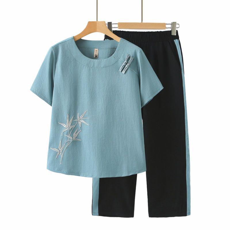 Mom's Summer Casual Chinese-Style Short Sleeve Outfit - 2026 Middle-Aged & Elderly Women's Wear