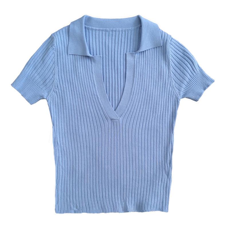 Dámské vintage oblečení Žebrovaný pevný úplet Top trička Letní sexy triko s krátkým rukávem a výstřihem do V