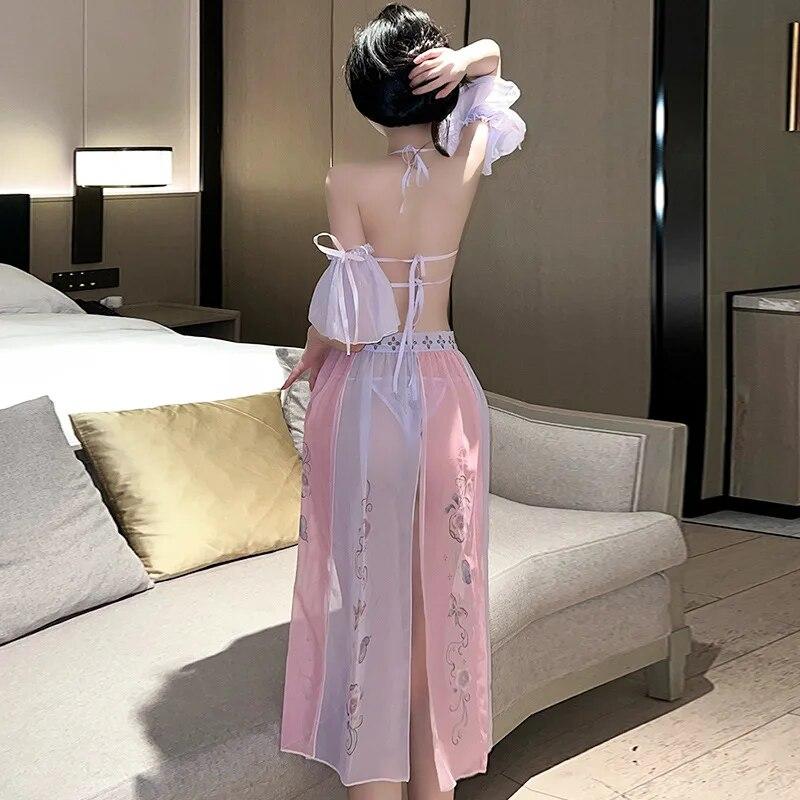 Women Sexy Hanfu Costumes Tranditional Dress Erotic Lingerie Underwear Skirt Lenceria Para Damas Nightwear Purple Outfit