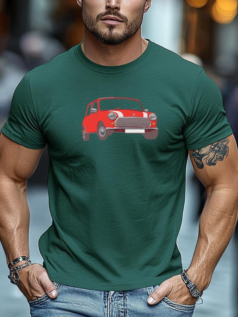 Unisex Light Blue Crew Neck Tee Classic Red Mini Cooper Retro Compact Car Illustration Vintage Auto Fan Soft Cotton Male Tops