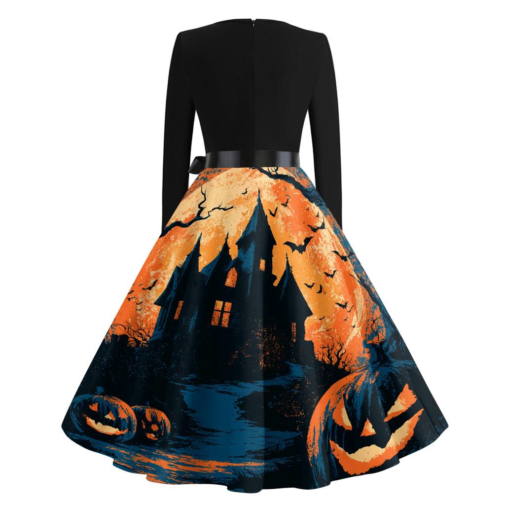Women's Vintage Long Sleeve Square Neck Halloween Printed Party Dress for Evening Wear
