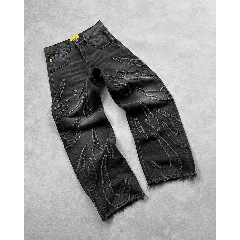 Y2k Hip Hop Bol Erkek Kot Pantolon Eskitilmiş Retro Siyah Pantolon Nakışlı Harajuku Gotik Geniş Paça Pantolon Sokak Giyimi Pantolon