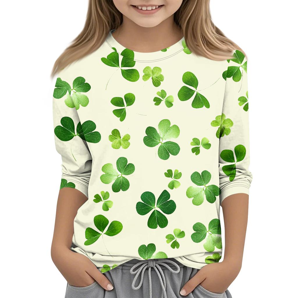St. Patrick's Day Print Tops For Youth Girls 4-11 Years Round Neck 3/4 Sleeves T-Shirts Trendy Tops Outfit Tees
