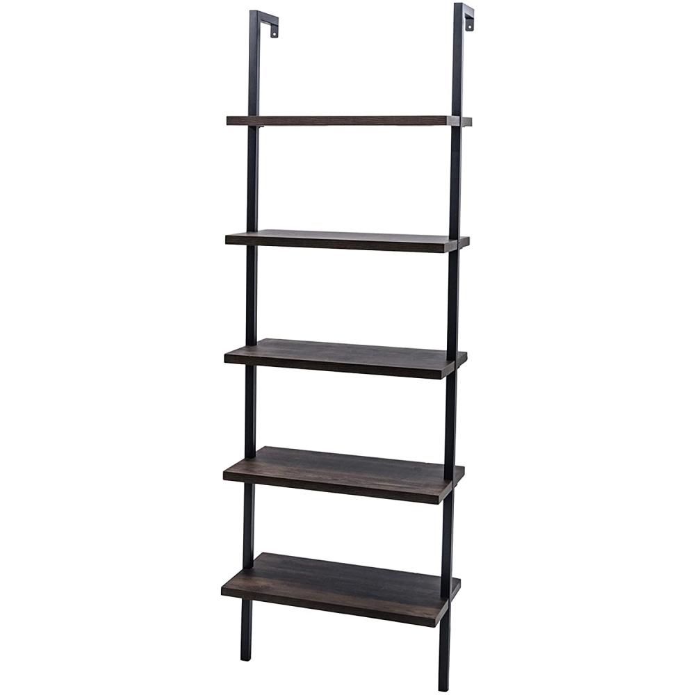 5-Shelf Wood Ladder Bookcase With Metal Frame, Industrial 5-Tier Modern Ladder Shelf Wood Shelves,Dark Walnut
