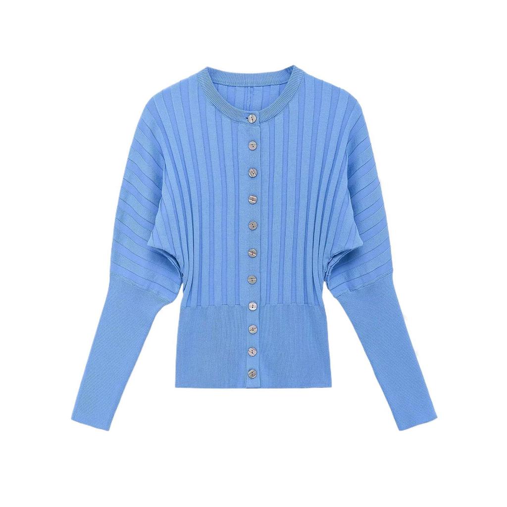 European Style 2026 Spring Women's Pleated Knitwear, Long Sleeve Round Neck, Picture Color, Brand Cut Hang Tag
