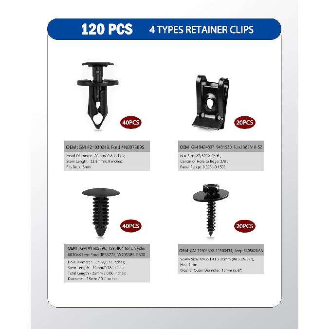 Xislet 120Pcs M4.2 Universal Fender Liner Engine Splash Shield Hex Head Screw & U Nut Kit Nylon Bumper Fastener Retainer Plastic Clips Compatible