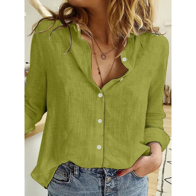 Women's Spring Summer Linen Blouse Solid Color Long Sleeve Button Down Lapel Casual Commuter Loose Fit Shirt Top
