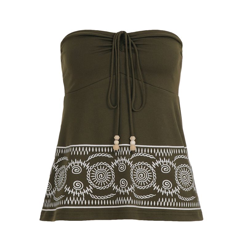 

H Home European and American Women s Clothing Bohemia Vintage Style Beaded Shoelace Tube Top Niche Style Retro Ethnic Style Brown Top Brown S