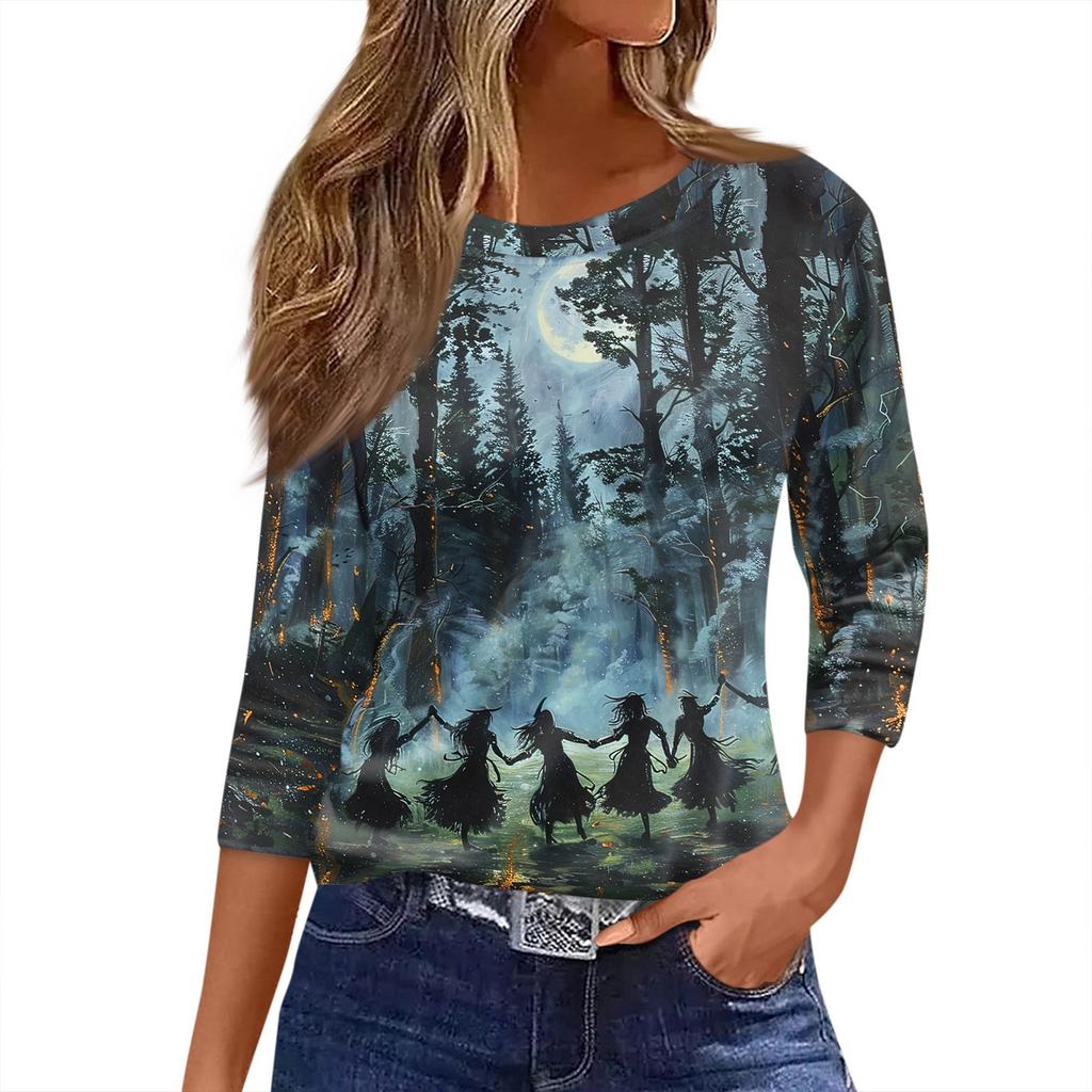 Women's T Shirt Halloween Print 3/4 Sleeve Daily Fashion Basic Round Neck Regular Top