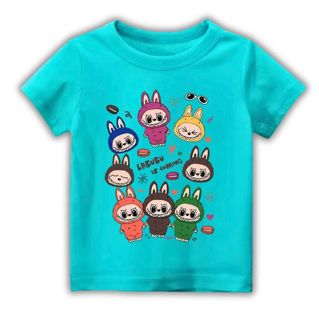 2025 New Children's T-shirt Cartoon Style Multiple LABUBU Printed Round Neck Short Sleeve Casual Girls' Top
