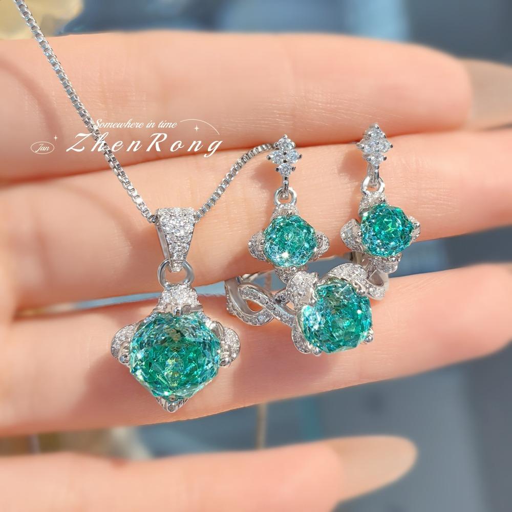 Millennium Rose Cut Paraiba Necklace Pendant Sparkling Diamond Earrings Pink Ring Women Jewelry Set