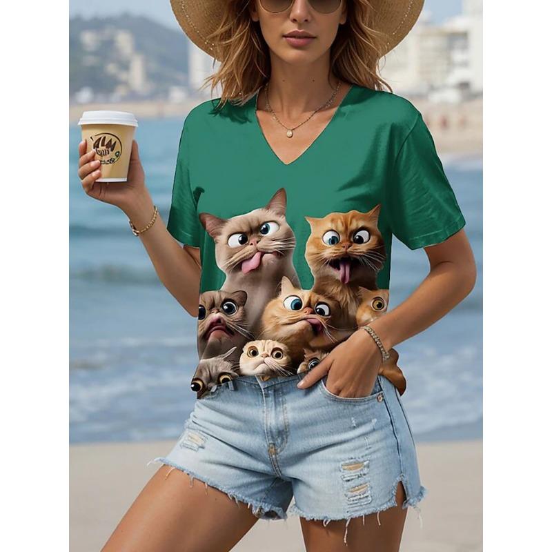 Summer Ladies T-Shirt Funny Animal Cat Pattern Printing Fashion Casual Oversized V-Neck Women's Clothing