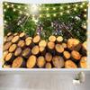 Forest Wooden Logs Tapestry Timber Logging Forest Green Tree with Sun Rays Wood Stacked Wall Hanging Tapestry Fireplace Firewood