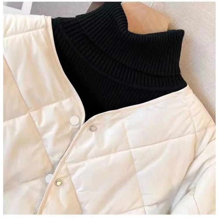 Women's Collarless Diamond Shaped Grid Down and Cotton Jacket Lightweight and Warm Short Winter Down and Cotton Jacket