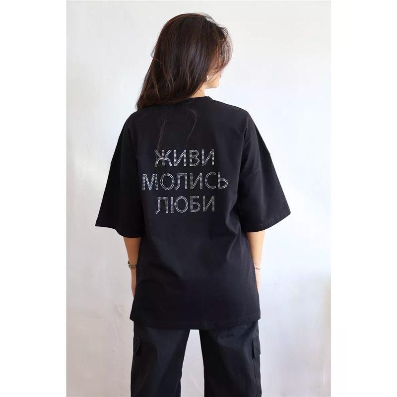 

Трендовая хлопковая футболка свободного кроя в американском стиле с круглым вырезом и принтом в виде алмазных букв S чёрный