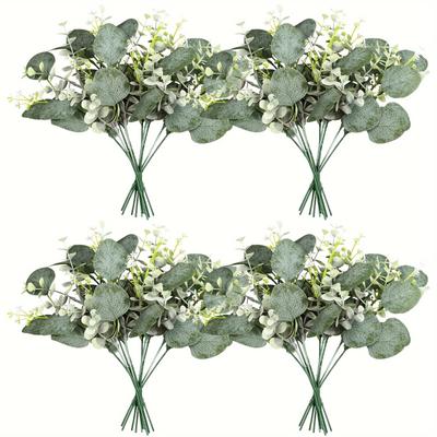 20pcs Mixed Eucalyptus Leaves Stems, Bulk Artificial Oval Eucalyptus Leaves With White Seeds Stems For Vase Floral Wreath Bouquets