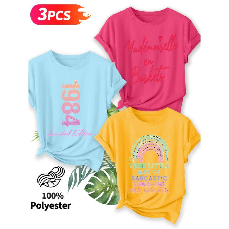 3Pieces Elegant style for women Vintage Rainbow Slogan Print Pattern Round Neck Short Sleeve Casual Style Holiday Spring Summer Women s Clothing S