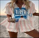 (Imitation Linen) Hot Sale Casual Holiday Shirt Set Beach 1D Printed Shirt Shorts Women's Set