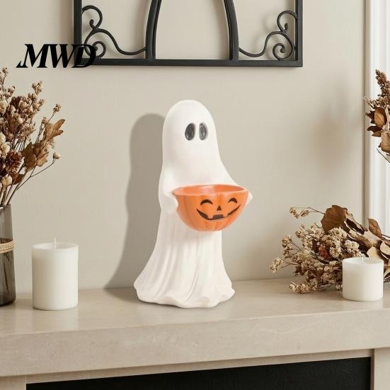 Porta Caramelle Decorativo Statuetta Fantasma di Halloween con Ciotola Zucca, Statua Carina in Resina, Souvenir Autoportante, Porta Dolcetto o Scherzetto per l'Ingresso