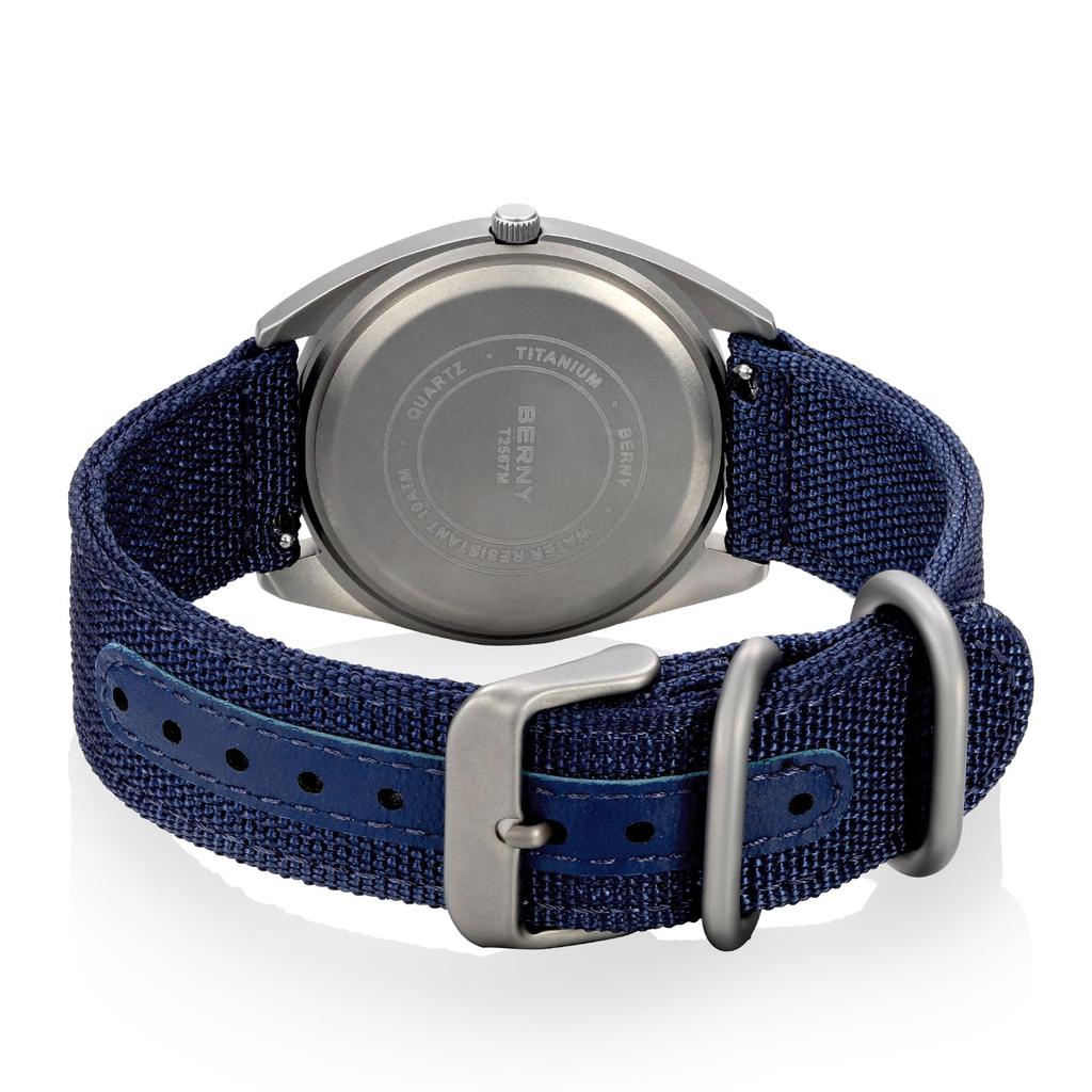 BERNY Men's Titanium Analog Quartz Watch, Japanese VJ53 Movement, 10 ATM Waterproof, Sapphire Glass, Super Luminous, Calendar, Blue Dial