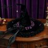 Velvet Witch Hat Halloween for Women, Large Black Wizard with Magical Mesh Ruffle Brim Adults Costume, Cosplay Party